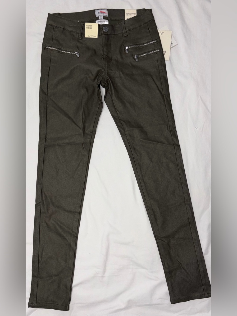 Mayoral Casual living olive coated skinny pants moto zip sz 14 NWT